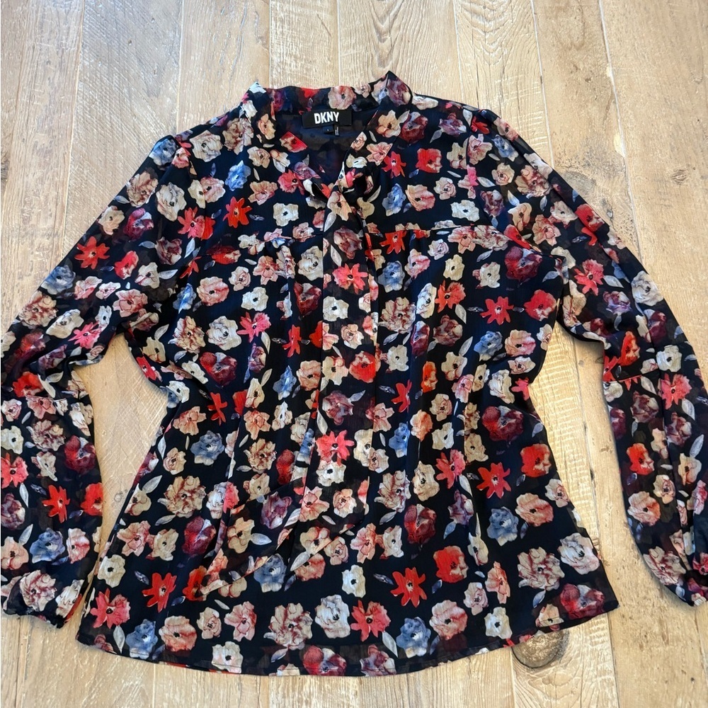 DKNY Black Floral Button-Up Blouse with Red and Cream Accents L